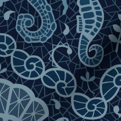 Sea animals lace blue - large scale for bedding, wallpaper and home decor
