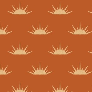 Boho Rust Orange Block Print Rising Suns - Small Scale