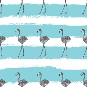 Charcoal Flamingos on Turquoise Stripes