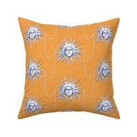 Sun goddess in gold, periwinkle blue, charcoal & white