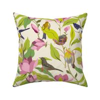 Birdland||JUMBO||Whimsical Birds in blue,yellow, brown, gray, passimentarie, birds nest, pink, mauve, maroon tulip tree blossoms, light and dark green flowing leaves