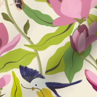 Birdland||JUMBO||Whimsical Birds in blue,yellow, brown, gray, passimentarie, birds nest, pink, mauve, maroon tulip tree blossoms, light and dark green flowing leaves