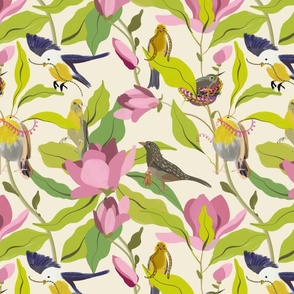 Birdland||JUMBO||Whimsical Birds in blue,yellow, brown, gray, passimentarie, birds nest, pink, mauve, maroon tulip tree blossoms, light and dark green flowing leaves