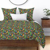 Love birds Parakeets Yellow and Green in Garden on Navy Blue Background