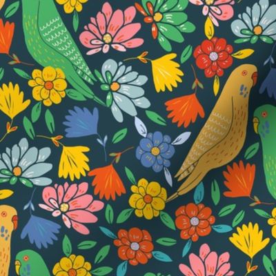 Love birds Parakeets Yellow and Green in Garden on Navy Blue Background