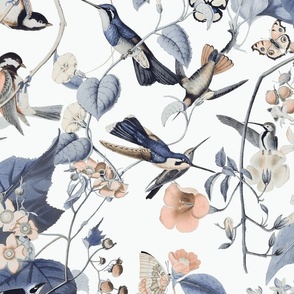 Hummingbird Vintage Botanical Pattern Blue And Apricot