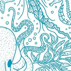 Ocean Discoveries Damask - Caribbean Blue Lines - Octopus, Jellyfish, Crab, Seahorse, Seaweed, Starfish Large Scale by Angel Gerardo