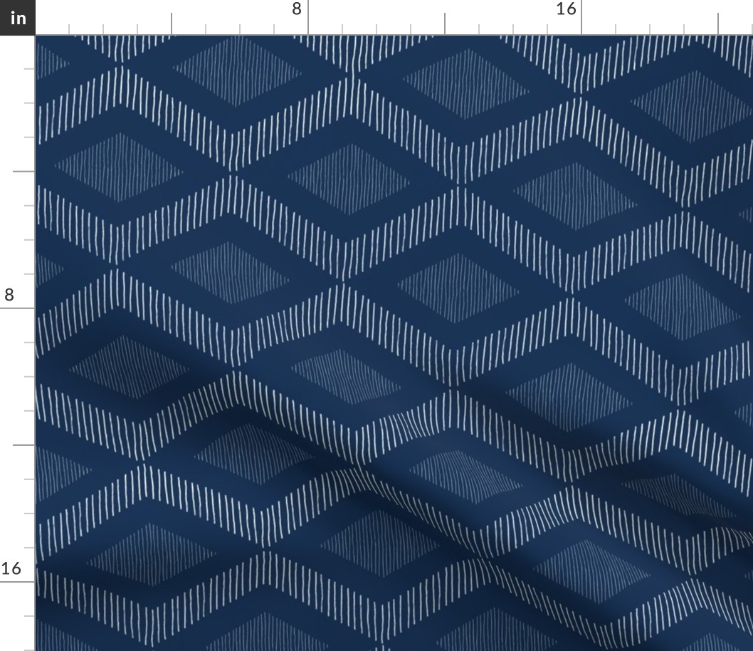 boho abstract fringe - white lozenge on indigo - boho indigo wallpaper