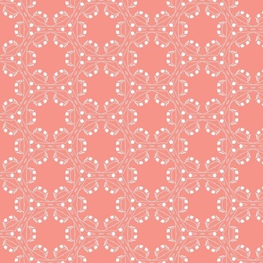 White geometric floral on coral  / small scale