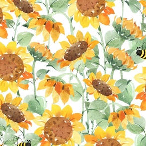 Watercolor Sunflowers Floral Bumble Bee