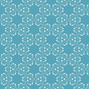 White geometric floral on aquamarine blue / small scale