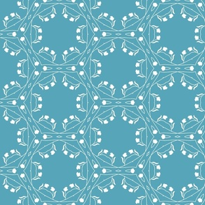 White geometric floral on aquamarine blue/ medium scale