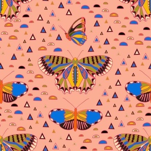 Geo Butterfly Triangles Semicircle Multi Color Rainbow Design on Coral Pink 