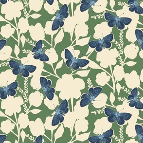 BLUE BUTTERFLY FLORAL_english ivy green