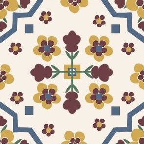  Portuguese tile design-Multi Floral Geo Medallion tile, with blue, wine, yellow, green & ivory. 