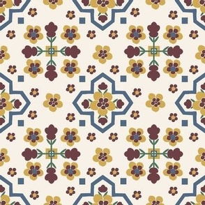 Portuguese tile design-Multi Floral Garden, Geo floral garden tile, wine, blue, yellow ditsy flowers, green leaves. Portuguese tile design.
