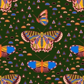 Geo Butterfly Triangles Semicircle Multi Color Rainbow Design on Forest Green 