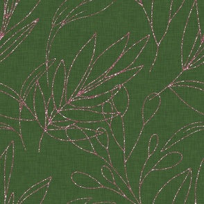 Rose Gold Line Art Leaves on Forest Green