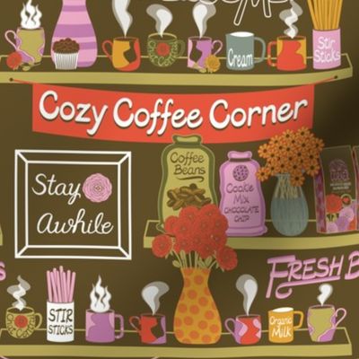 Coffee Shop called "Cozy Coffee Corner" with Steaming Coffee Mugs, Flowers, Shelves and Signs // Brown, Pink, Purple, Red, Orange, Green, White // Medium Scale - 1000 DPI
