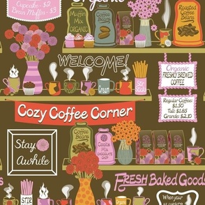 Coffee Shop called "Cozy Coffee Corner" with Steaming Coffee Mugs, Flowers, Shelves and Signs // Brown, Pink, Purple, Red, Orange, Green, White // Medium Scale - 1000 DPI