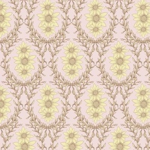 Sunflower Ogee Damask in Carolina Clay, Butter, and Piglet