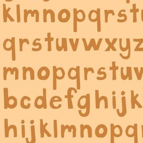 Jumbo scale hand drawn alphabet chunky letters in pumpkin spice muted earthy orange and buttery baby yellow , organic writing, hand lettering, for fun quirky kids apparel, kids bed linen, funky leggings, back to school projects, quilting and crafts.