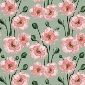 Small - Grace Watercolour Pink Poppies - Pink & Mint Green
