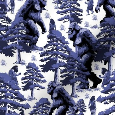 Big Foot Friendly Sasquatch amid Cavemen in Pine Tree Forest Toile De Jouy, Mythical Cryptid Monster in Blue, Big Funny Sasquatch Walking, Kid Friendly Yeti Expeditions, Bigfoot Nature Discoveries, Adventurous Sasquatch Quests, Amusing Prehistoric Caveman