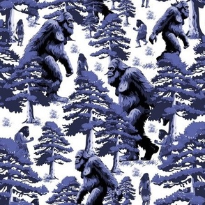 Big Foot Friendly Sasquatch amid Cavemen in Pine Tree Forest Toile De Jouy, Mythical Cryptid Monster in Blue, Big Funny Sasquatch Walking, Kid Friendly Yeti Expeditions, Bigfoot Nature Discoveries, Adventurous Sasquatch Quests, Amusing Prehistoric Caveman