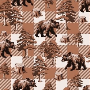 Chocolate Brown Buffalo Plaid Toile de Jouy Pattern, Grizzly Brown Bear Country Toile, Cozy Cabin Lumberjack Gingham Check