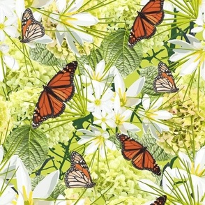 Modern Monarch Butterfly Rustic Floral Garden Insect Print | Orange Lush Green White, Cottage Style Flower, Vibrant Green Orange Butterfly Garden, Contemporary Botanical Butterfly Illustration, Country Farmhouse Flower Décor, Vibrant Botanical Garden Flow