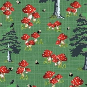 Whimsical Busy Bees, Magical Enchanted Toadstool Forest, Flying Bumble Bee, Black Bird Watching over Green Pine Trees