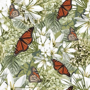 Monarch Butterfly Flower Garden Insect Print, Rustic Orange Leafy Green White Floral Pattern, Forest Green Shrub Leaves, Wildflower Secret Garden Meadow, Botanical Butterfly Artwork, Whimsical Garden Escape, Gardeners Butterfly Nectar Summer Floral, Large