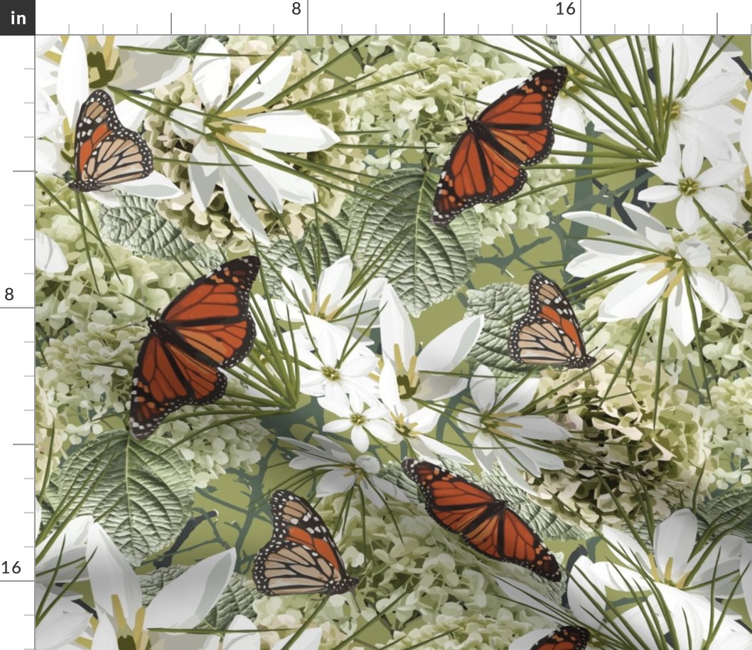 Monarch Butterfly Flower Garden Insect Print, Rustic Orange Leafy Green White Floral Pattern, Forest Green Shrub Leaves, Wildflower Secret Garden Meadow, Botanical Butterfly Artwork, Whimsical Garden Escape, Gardeners Butterfly Nectar Summer Floral, Large