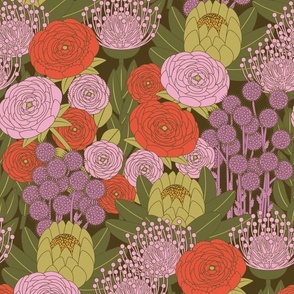 Boho Chic Flowers // Cinnabar Red, Green, Pink, Light Plum Purple,  Amber // V1 // Medium Scale - 500dpi