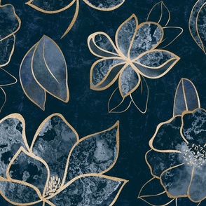 Elegant And Fancy Fantasy Flower Pattern In Blue And Gold Smaller Scale