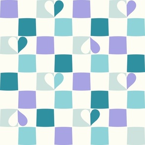 Checkerboard hearts boho Peacock blue teal mauve purple by Jac Slade