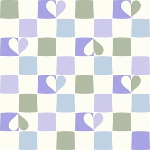 Checkerboard hearts boho sky blue sage green mauve purple by Jac Slade