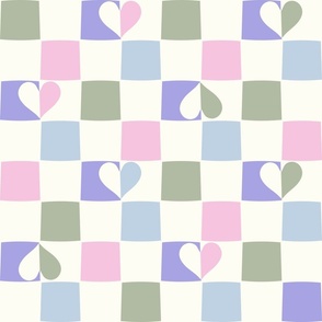 Checkerboard hearts boho sage green pink mauve purple blue by Jac Slade