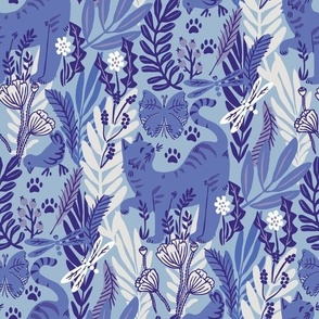 Happy cat in the meadow feels like a tiger in the jungle_monochrome blue_small scale for sewing and kids room.