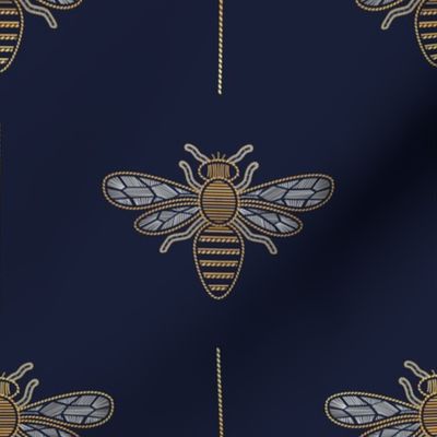 Small scale // Golden queen bee // navy blue background ornamental extravagant gold cord embroidery passementerie style inspiration