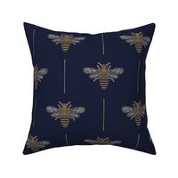 Small scale // Golden queen bee // navy blue background ornamental extravagant gold cord embroidery passementerie style inspiration
