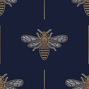 Small scale // Golden queen bee // navy blue background ornamental extravagant gold cord embroidery passementerie style inspiration