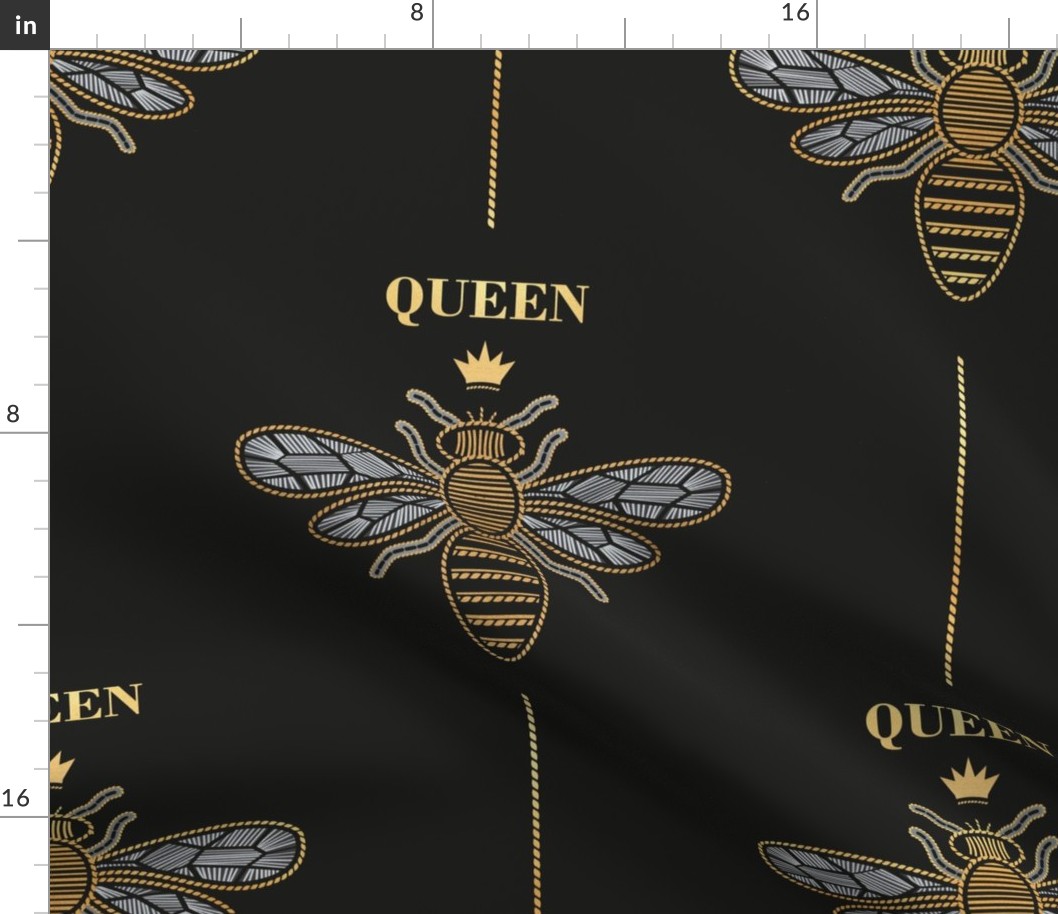 Normal scale // Golden queen bee with lettering // black background ornamental extravagant gold cord embroidery passementerie style inspiration