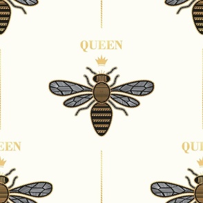 Normal scale // Golden queen bee with lettering // natural white background ornamental extravagant gold cord embroidery passementerie style inspiration