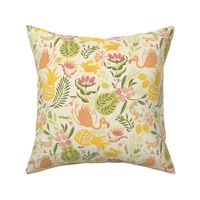 M-Bright yellow tropical summer-mod birds and fruits (dining/bedding)