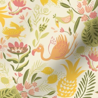 M-Bright yellow tropical summer-mod birds and fruits (dining/bedding)