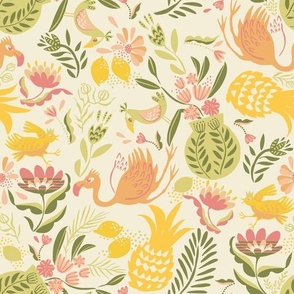 Cheerful and juicy summer tropical (flamingo, birds and pineapple)_yellow_medium scale for bedding.