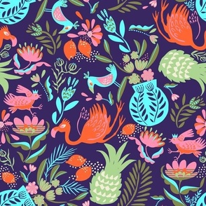 Cheerful tropical summer (birds and fruits)_bold colors_medium scale for bedding.