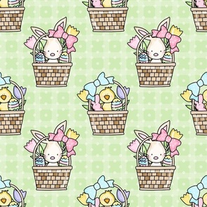 Large Scale Baby Bunny and Yellow Chicks Easter Baskets on Spring Green